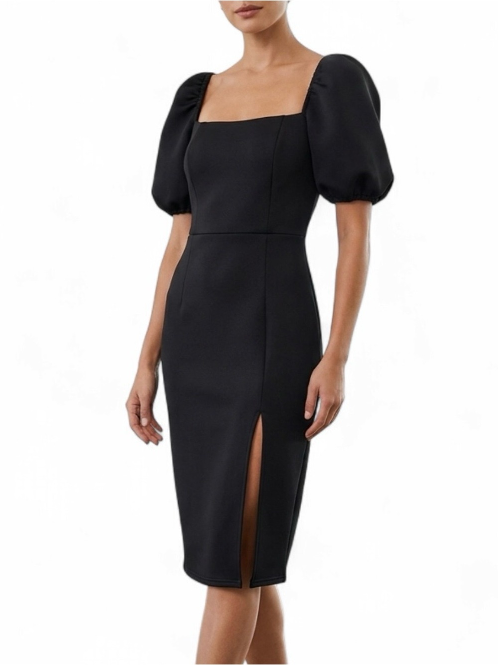 Formal Party Dinner Black Puff-Sleeve Square-Neck Sheath Dress